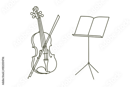 Violin and music stand set up for practice in a simple, artistic line drawing style