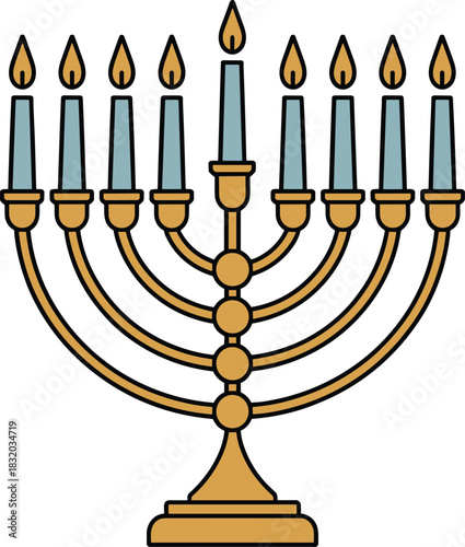 Golden Menorah with Blue Candles and Orange Flames