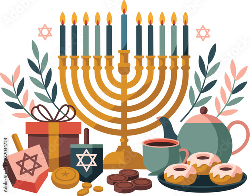 Hanukkah menorah with candles dreidels gift and donuts