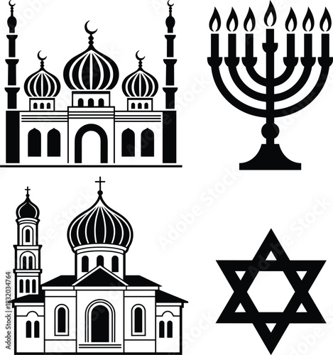 Islamic mosque Christian church menorah and Star of David