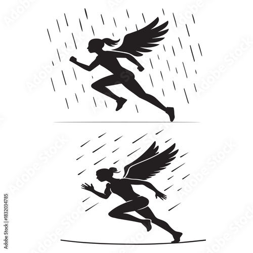 Winged woman sprinting through rainstorm in bold silhouette motion