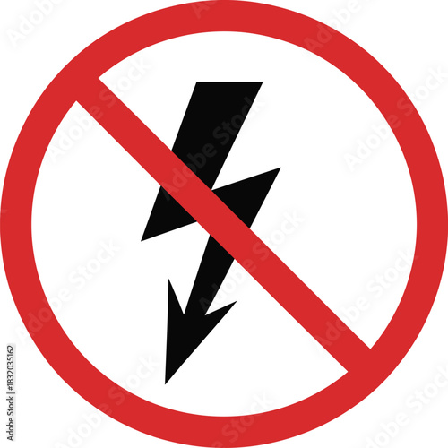 No electricity symbol, electrical hazard warning, lightning bolt prohibition sign, power restriction icon, red circle alert, flat vector illustration