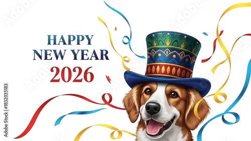 Happy New Year 2026 featuring an adorable dog with a top hat