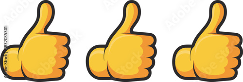 Thumbs-up icon set, cartoon approval gesture, positive feedback symbols, yellow hand signs, social media reaction, flat vector illustration