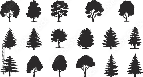 Tree silhouette set, botanical shape icons, deciduous and coniferous forms, nature design elements, forest diversity symbols, flat vector illustration