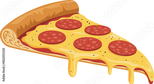 Tasty pepperoni pizza slice with melted cheese dripping from crust in delicious cartoon food style perfect for menus, flat vector illustration