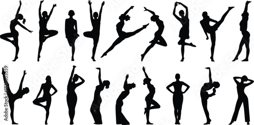 Women silhouette poses set, graceful dance and yoga icons, expressive movement collection, black figure balance shapes, flat vector illustration