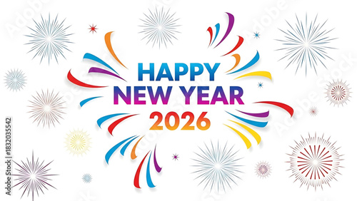 Cheerful Happy New Year 2026 illustration with colorful bursts and fireworks