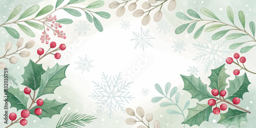 Christmas watercolor winter foliage with holly berries and snowflakes on a light background