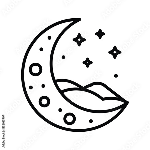 Crescent Moon with Stars and Mountain Landscape Outline Icon