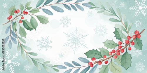 Christmas a watercolor painting of a christmas wreath with holly berries and snowflakes around it
