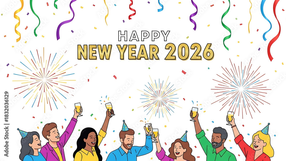 Fototapeta premium Cheerful illustration celebrating Happy New Year 2026 with a diverse group.