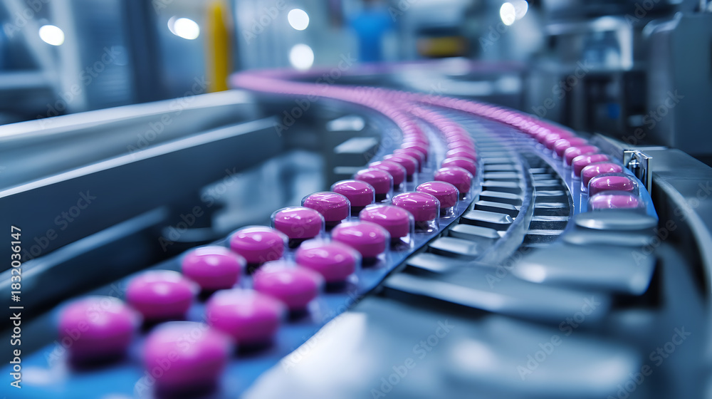 Obraz premium Medicine bottles are canned on the conveyor belt