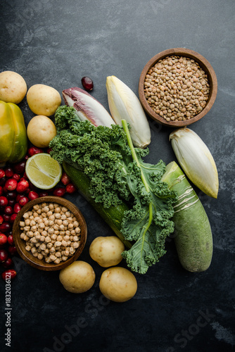 Fresh vegetables, legumes and fruits rich in vitamins — healthy vegan ingredients