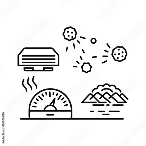 Environmental Impact Icons: Air Quality, Climate Change, Temperature Control, and Pollution Effects