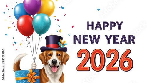Festive New Year 2026 with a cheerful dog and colorful balloons