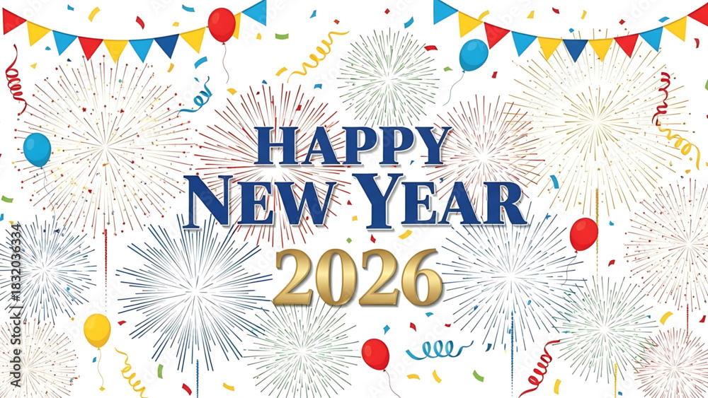 Obraz premium Colorful and festive Happy New Year 2026 illustration with fireworks.
