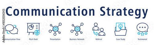 Communication strategy web banner icon vector illustration concept with icon of communication flow, pitch deck, presentation, business network, referral, case study, and testimonial.