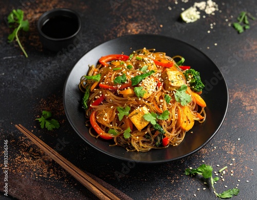 vegan fried glass noodles with tofu and vegetables AI generated