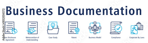 Business documentation web banner icon vector illustration concept with icon of non disclosure agreement, memorandum of understanding, case study, patent, business model, and compliance.