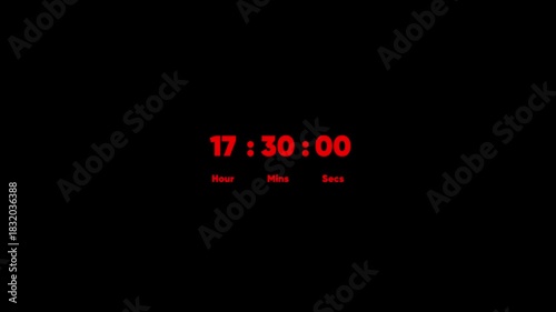 Red digital clock displaying 24 hours 30 minutes 00 seconds on black background time countdown