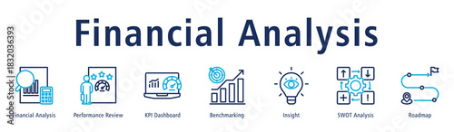 Financial analysis web banner icon vector illustration concept with icon of financial analysis, performance review, KPI dashboard, benchmarking, insight, SWOT analysis, and roadmap.