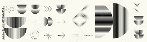 Geometric linear dots and lines set - modern deform semi circles and segmented circles for branding and layout design . Toolkit collection , for modular design projects. Vector
