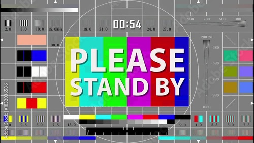 Broadcast Test Card With 59-Second Countdown For Technical Breaks. Color television test pattern with Please Stand By text and countdown timer from 00:59 to 00:00 seconds.