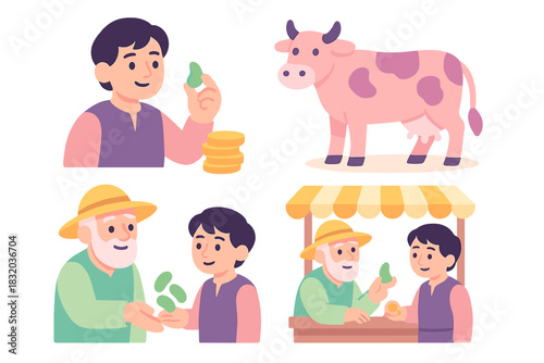 Farming scene with a young boy, farmer, and a cow at a local market in a rural setting during the day