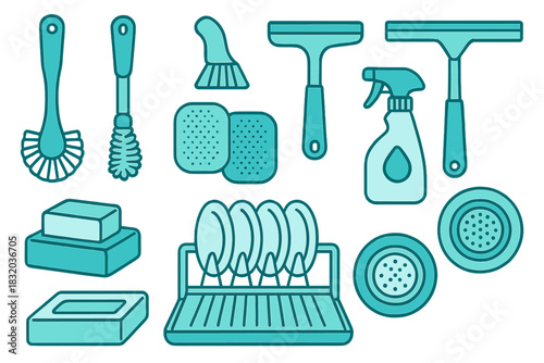 Collection of cleaning supplies arranged on a white background for household tasks and maintenance