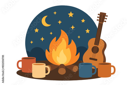 Enjoying a cozy campfire with friends under a starry night sky while strumming a guitar and sipping warm drinks