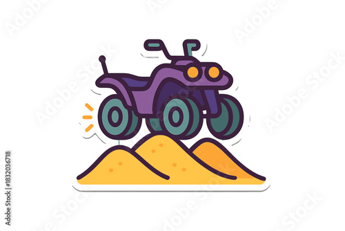 Purple four-wheeler jumping over sandy dunes in a vibrant desert landscape during a sunny day