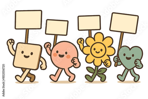 Colorful characters marching with signs, expressing joy and unity in a lively parade setting