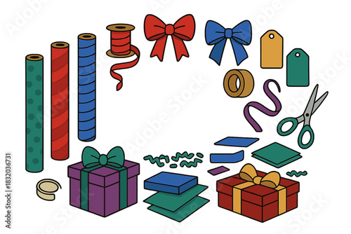 Colorful wrapping supplies for gift preparation during holiday celebrations