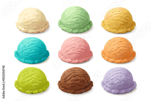 Colorful scoops of ice cream arranged in a grid display at a dessert shop on a sunny afternoon