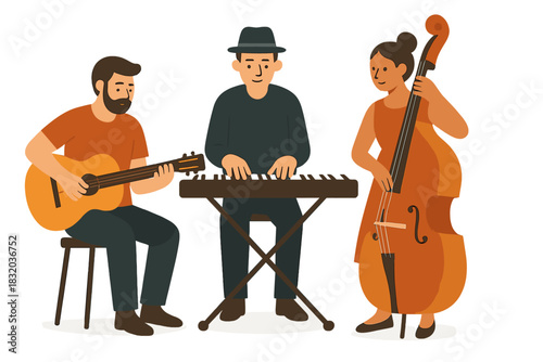 Musicians performing together in a casual setting with guitar, keyboard, and double bass
