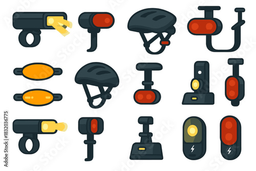 Bicycle safety gear including lights and helmets displayed in a neat arrangement for urban commuters
