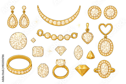 Elegant collection of golden jewelry featuring various sparkling gemstones and intricate designs in a serene setting
