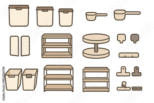 Storage containers and shelves for organizing home and kitchen spaces in light colors and simple designs