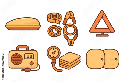 Various tools and equipment for roadside assistance displayed on a simple background