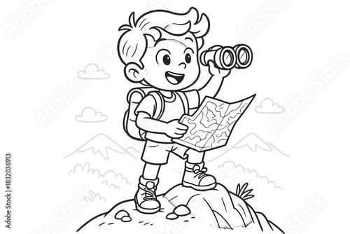Young explorer with binoculars and map on mountain top during a sunny day