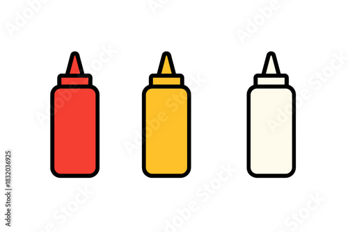 Different types of mustard condiments in simple bottle designs on a clean background