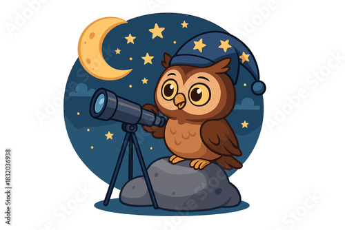 Cute owl using a telescope to gaze at stars in a night sky