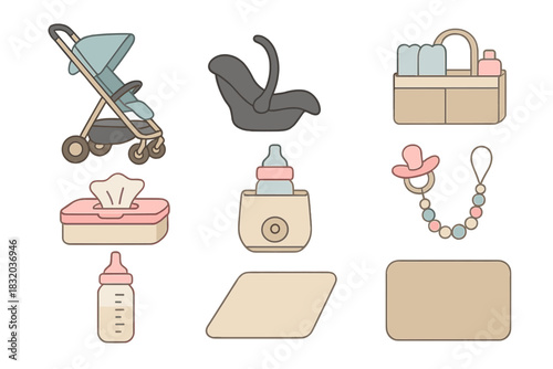 Baby essentials include stroller, car seat, and nursery items used for caring for infants and toddlers