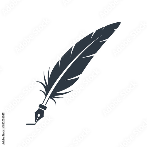 Elegant black silhouette of a classic feather quill pen writing with an ink nib.