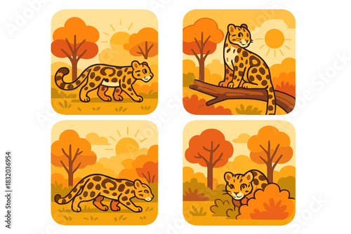 Colorful autumn illustration of leopards in a forest setting displaying various poses and surroundings during a sunny day