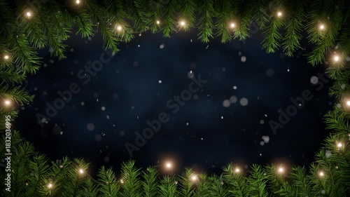 Christmas Holiday Snow Loop Background with Pine Branches Frame and Warm Fairy Lights – Festive Winter Backdrop for Titles and Greetings