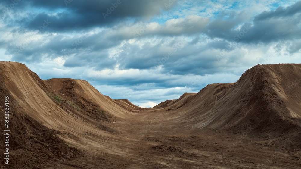 Fototapeta premium Section of the monster truck track with massive dirt ramps and clear tire marks, capturing the scale and rugged detail of an outdoor dirt racing course