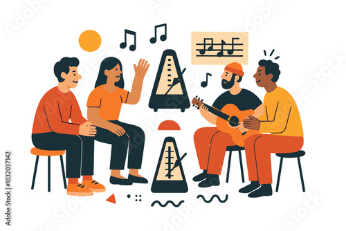 Group of friends enjoying a music jam session in a cozy indoor setting while playing instruments and sharing laughter