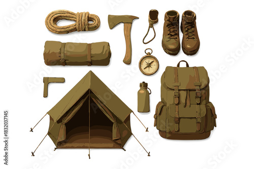 Essential camping gear laid out for an outdoor adventure in a natural setting